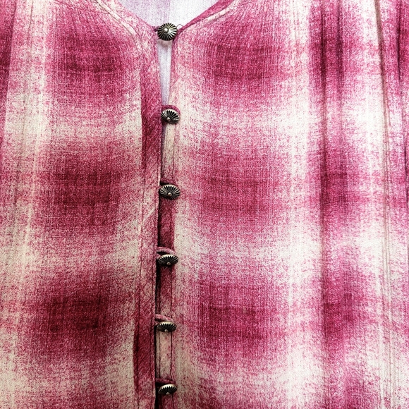 Maeve Anthropologie Cavalon Plaid Tunic Top Size XS Pink Cream 3/4 Sleeve Boho - Picture 4 of 9